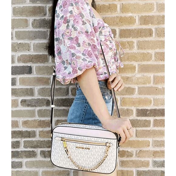 Michael Kors Pink White Logo Jet Set East West Zip Chain Crossbody Bag - Picture 3 of 7